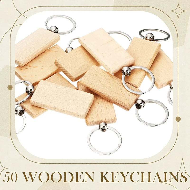 50 Stück leere hölzerne Schlüsselanhänger, Schlüsselgravur-Rohlinge, unvollendete Holzschlüsselanhänger, Schlüsselringe, Schlüsselanhänger für DIY-Bastelarbeiten