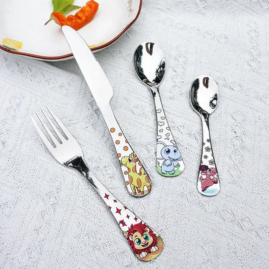 Edelstahl Kinder Löffel Gabel Tier Cartoon Auto Dinosaurier Hase Süße Gabel Kinder Kinderbesteck Set Geschirr Dinnerware.
